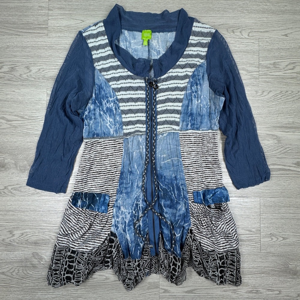 Adam‎ Jacobs Women's Tunic Top Blue Marble Stripe Mixed Media XS 3/4 Sleeve